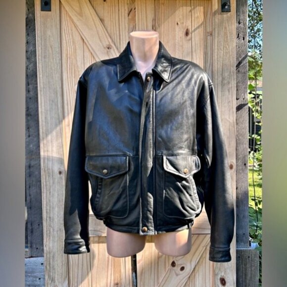 Vintage Nautica Mens Black Genuine Leather Aviator Flight Bomber Jacket~44~ - Picture 1 of 8